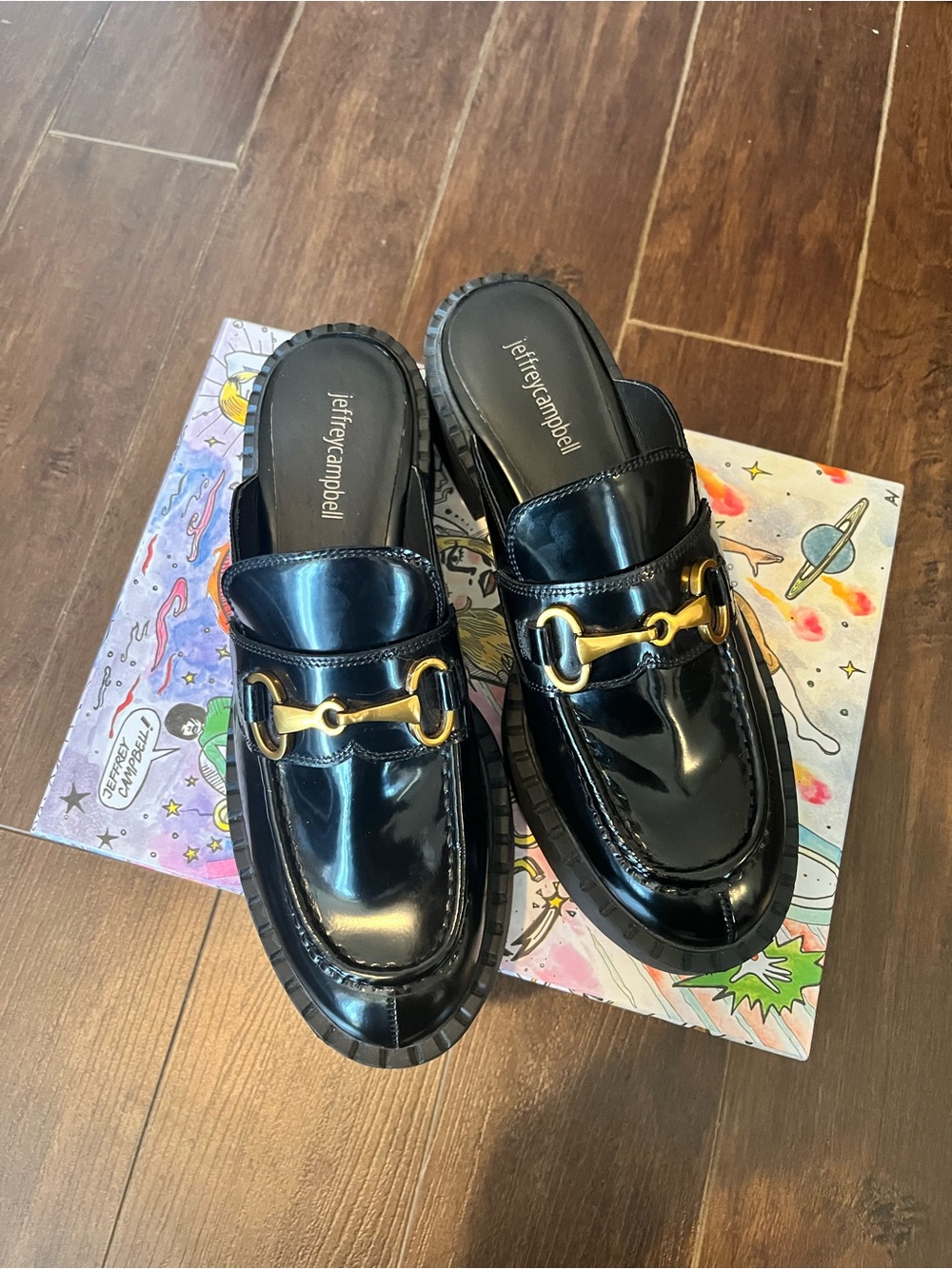 Jeffrey Campbell Black Patent Slip-On Loafer Mules with Gold Bit